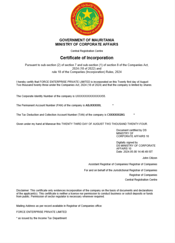 Mauritania business registration certificate Word and PDF template